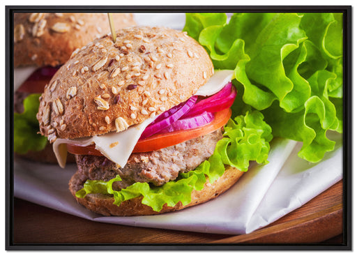 Köstlicher Hamburger auf Leinwandbild gerahmt Größe 100x70