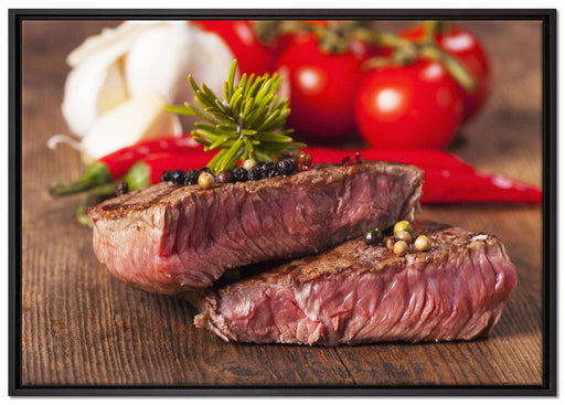Saftiges Pfeffer Steak auf Leinwandbild gerahmt Größe 100x70