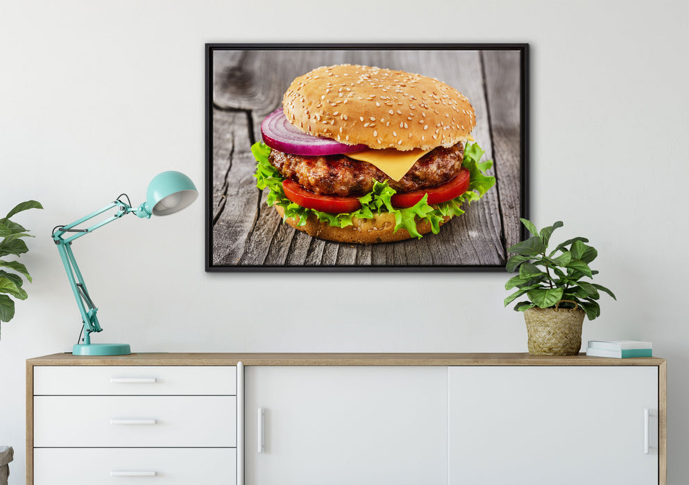 Leckerer Cheeseburger auf Leinwandbild gerahmt verschiedene Größen im Wohnzimmer