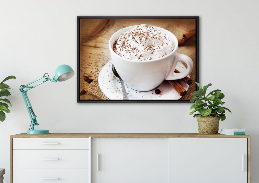 Kaffee mit viel Creme auf Leinwandbild gerahmt verschiedene Größen im Wohnzimmer