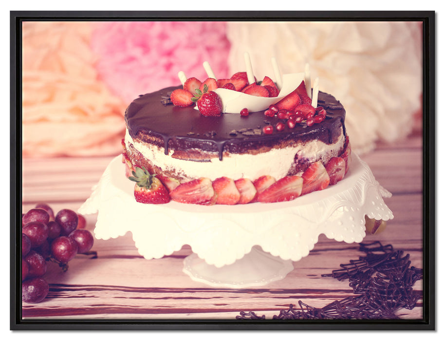 Köstliche Erdbeertorte auf Leinwandbild gerahmt Größe 80x60