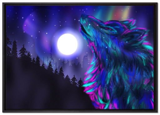Abstrakter Wolf mit Mond auf Leinwandbild gerahmt Größe 100x70