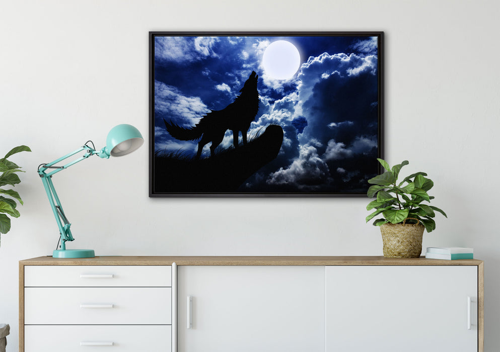 Wolf im Mondschein auf Leinwandbild gerahmt verschiedene Größen im Wohnzimmer