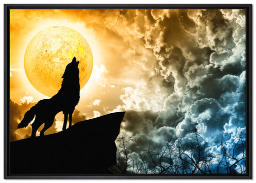 Wolf heult den Mond an auf Leinwandbild gerahmt Größe 100x70