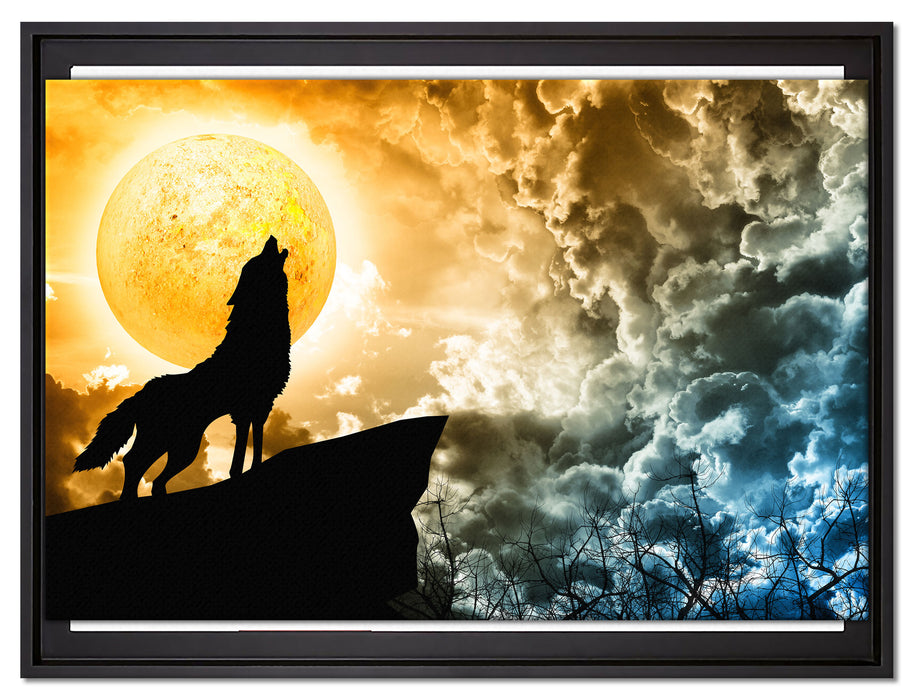 Wolf heult den Mond an auf Leinwandbild gerahmt Größe 80x60