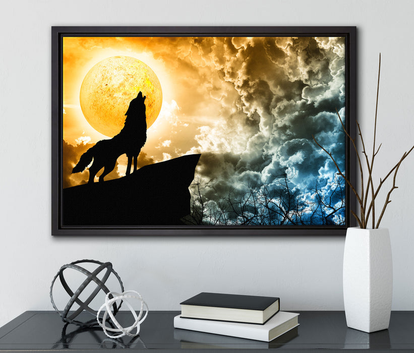 Wolf heult den Mond an auf Leinwandbild gerahmt mit Kirschblüten
