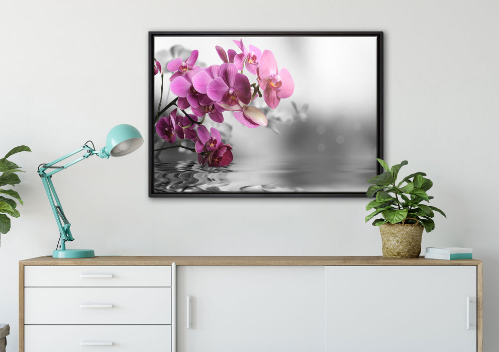 Orchideenblüten über Wasser auf Leinwandbild gerahmt verschiedene Größen im Wohnzimmer
