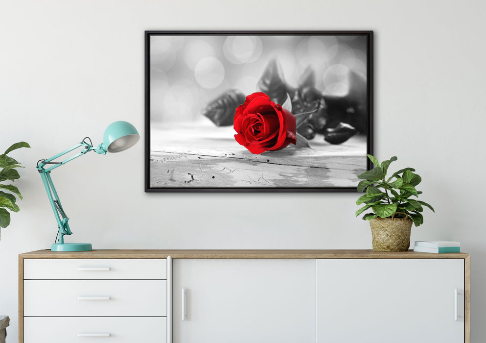 Rose auf Holztisch auf Leinwandbild gerahmt verschiedene Größen im Wohnzimmer