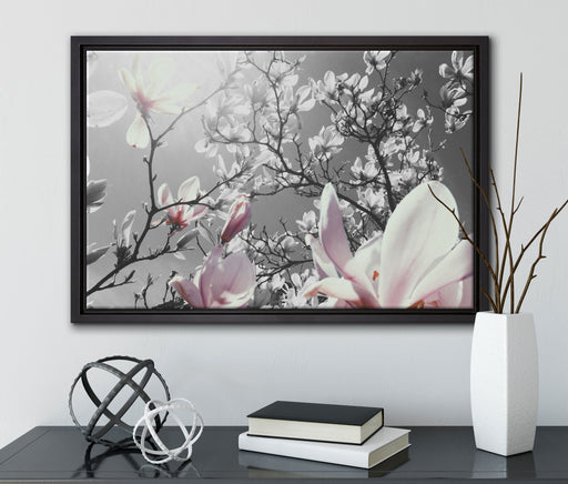 schöne Magnolie Blüten auf Leinwandbild gerahmt mit Kirschblüten