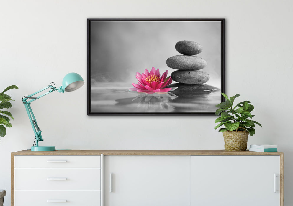 Seerosenblüte vor Zen Steinen auf Leinwandbild gerahmt verschiedene Größen im Wohnzimmer
