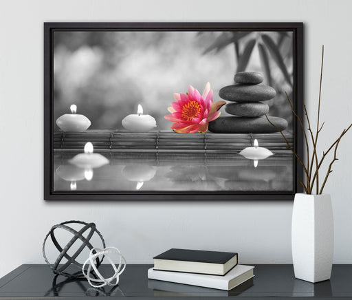 Seerose Zen Steine Kerzen auf Leinwandbild gerahmt mit Kirschblüten