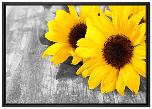 schöne Sonnenblumen auf Holztisch auf Leinwandbild gerahmt Größe 100x70