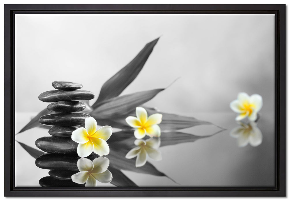 Monoi Blüten Zen Steinturm auf Leinwandbild gerahmt Größe 60x40