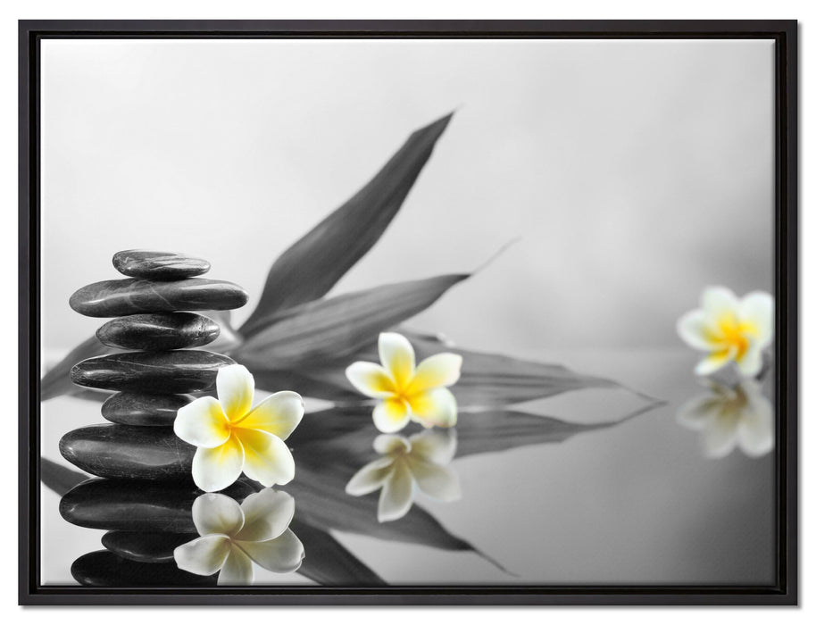 Monoi Blüten Zen Steinturm auf Leinwandbild gerahmt Größe 80x60