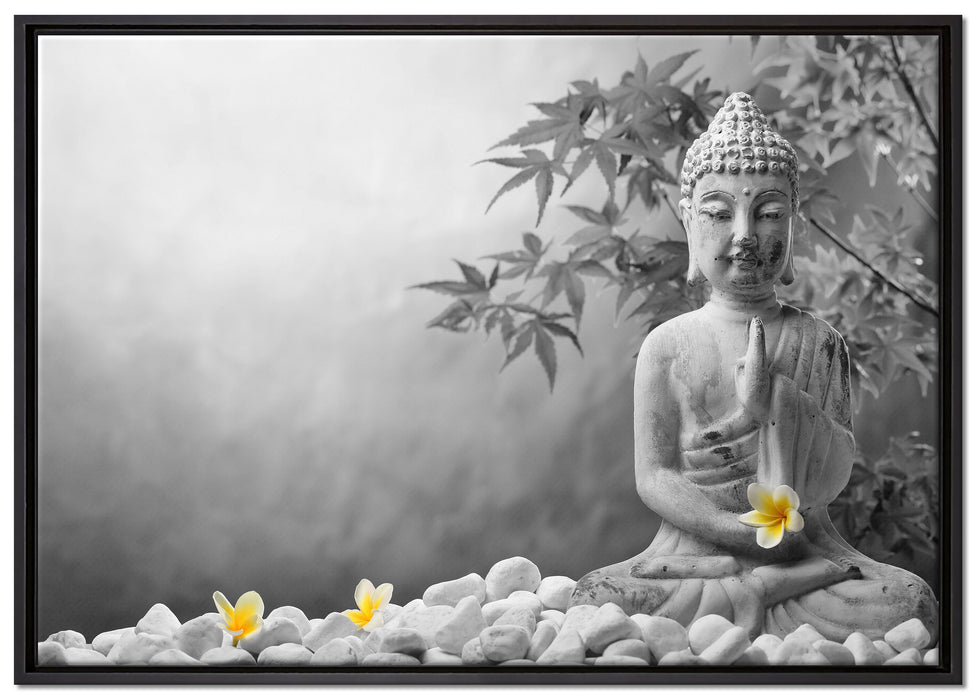 Buddha mit Monoi Blüte in der Hand auf Leinwandbild gerahmt Größe 100x70