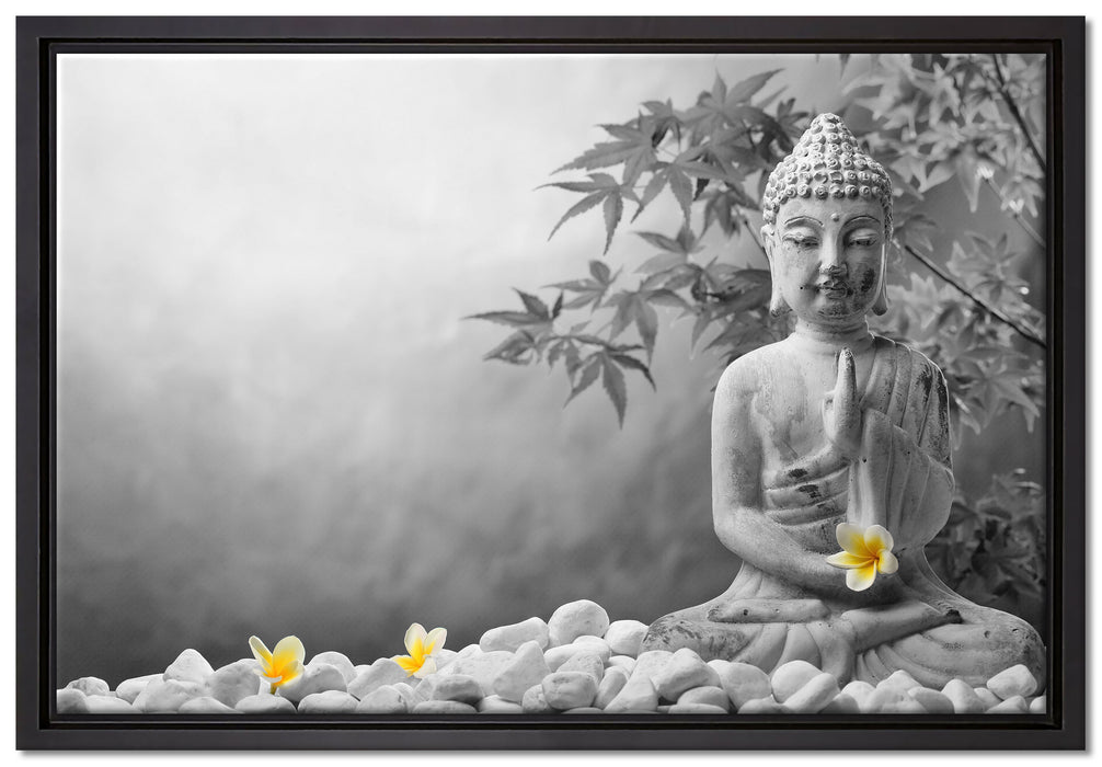 Buddha mit Monoi Blüte in der Hand auf Leinwandbild gerahmt Größe 60x40