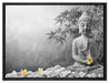 Buddha mit Monoi Blüte in der Hand auf Leinwandbild gerahmt Größe 80x60