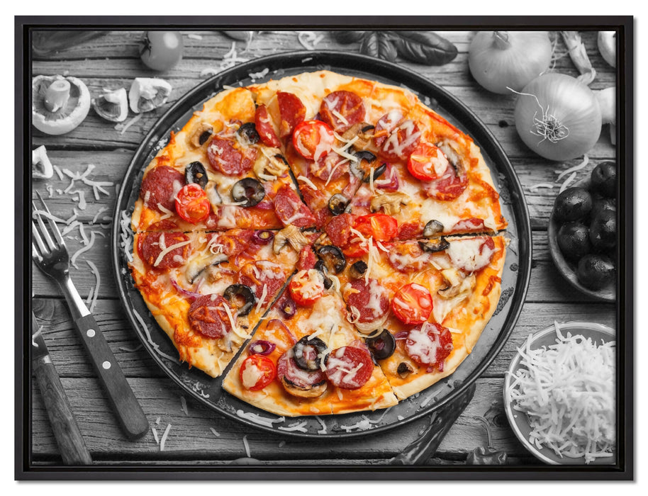 Pizza auf Pizzablech auf Leinwandbild gerahmt Größe 80x60
