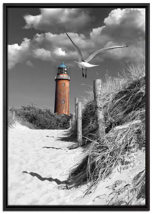 Leuchtturm mit Möwe an Strandweg auf Leinwandbild gerahmt Größe 100x70