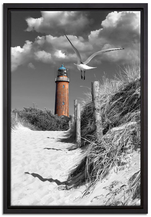 Leuchtturm mit Möwe an Strandweg auf Leinwandbild gerahmt Größe 60x40