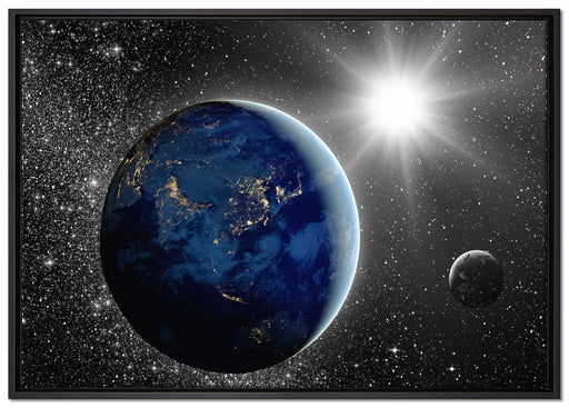 Erde mit Sonne im Weltall auf Leinwandbild gerahmt Größe 100x70