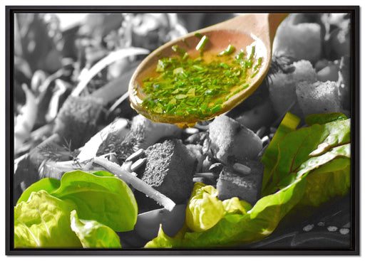 Knackiger Salat und Kräuter auf Leinwandbild gerahmt Größe 100x70