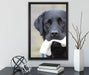 schwarzer Labrador mit Spielzeug auf Leinwandbild gerahmt mit Kirschblüten