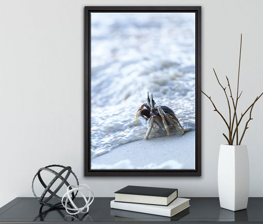 kleine Krabbe am Strand auf Leinwandbild gerahmt mit Kirschblüten