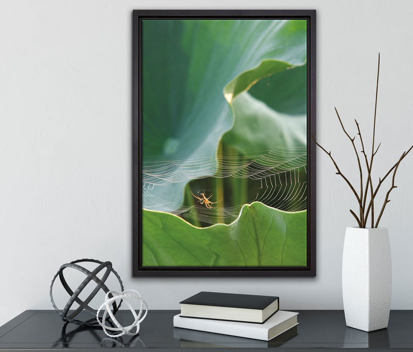 Spinnennetz zwischen Blättern auf Leinwandbild gerahmt mit Kirschblüten