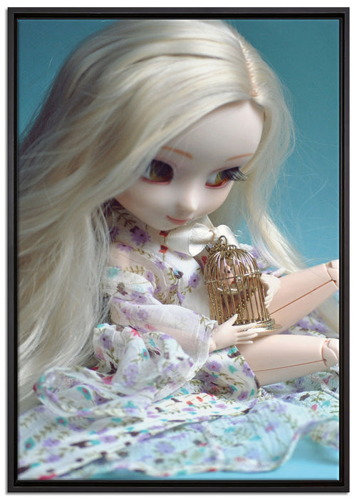 blonde Pullip-Puppe mit Vogelkäfig auf Leinwandbild gerahmt Größe 100x70