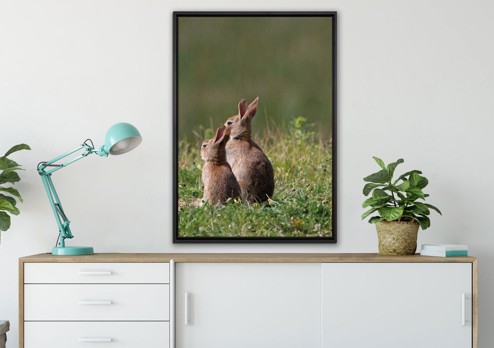 zwei Häschen auf Frühlingswiese auf Leinwandbild gerahmt verschiedene Größen im Wohnzimmer