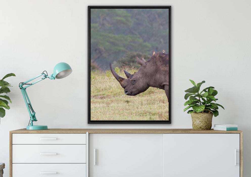 großes Nashorn in der Savanne auf Leinwandbild gerahmt verschiedene Größen im Wohnzimmer