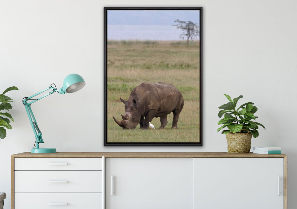 großes Nashorn beim Fressen auf Leinwandbild gerahmt verschiedene Größen im Wohnzimmer