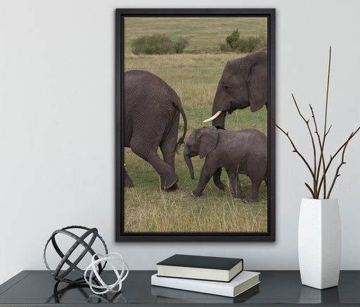 wandernde Elefantenfamilie auf Leinwandbild gerahmt mit Kirschblüten