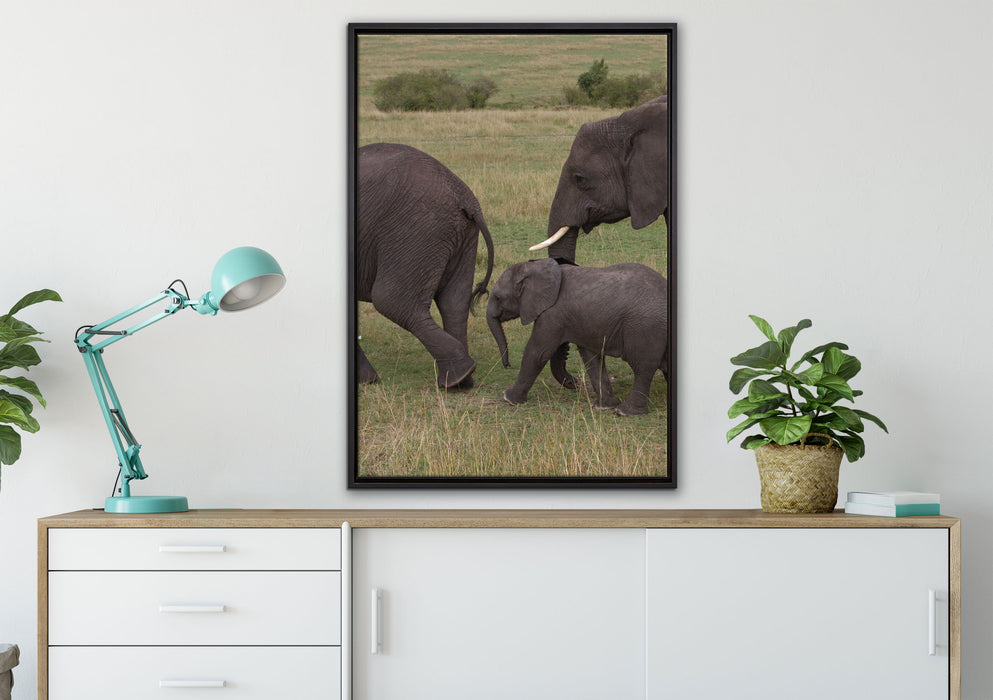 wandernde Elefantenfamilie auf Leinwandbild gerahmt verschiedene Größen im Wohnzimmer