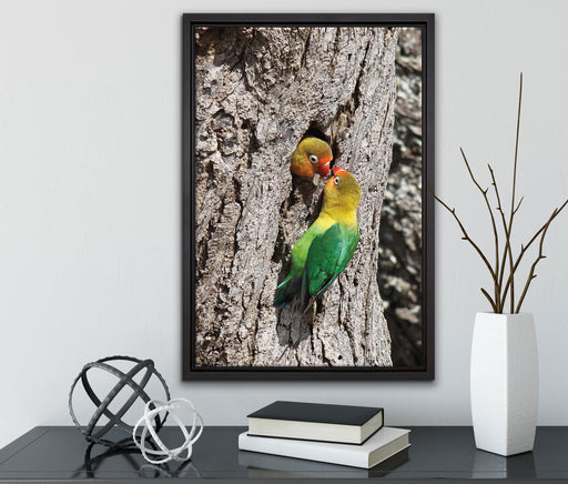 Papageienpaar auf Leinwandbild gerahmt mit Kirschblüten
