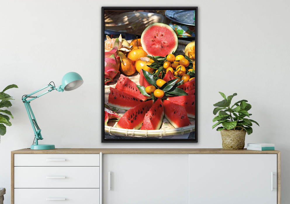 exotischer Fruchtteller auf Leinwandbild gerahmt verschiedene Größen im Wohnzimmer