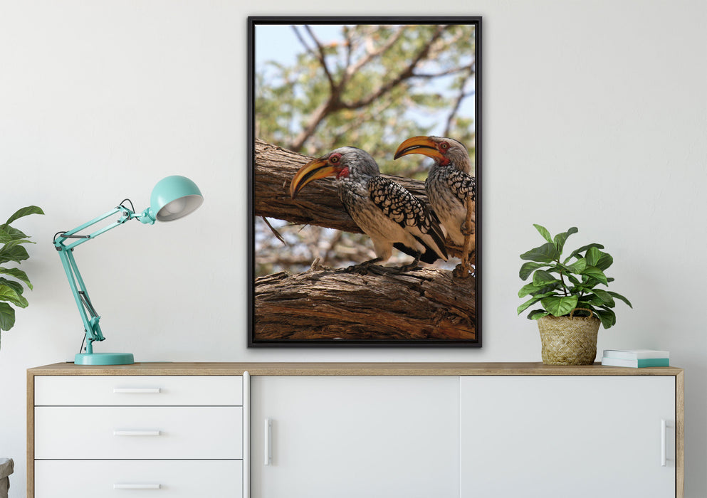 zwei exotische Vögel auf Baum auf Leinwandbild gerahmt verschiedene Größen im Wohnzimmer