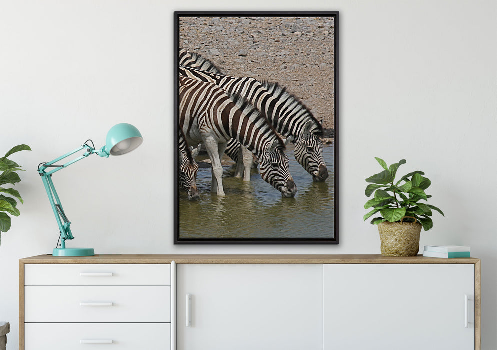 Zebraherde an einem Wasserloch auf Leinwandbild gerahmt verschiedene Größen im Wohnzimmer