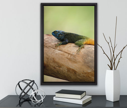 farbenfrohe Eidechse auf Leinwandbild gerahmt mit Kirschblüten