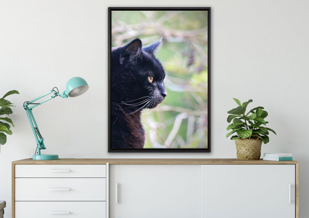 schwarze Katze auf Leinwandbild gerahmt verschiedene Größen im Wohnzimmer