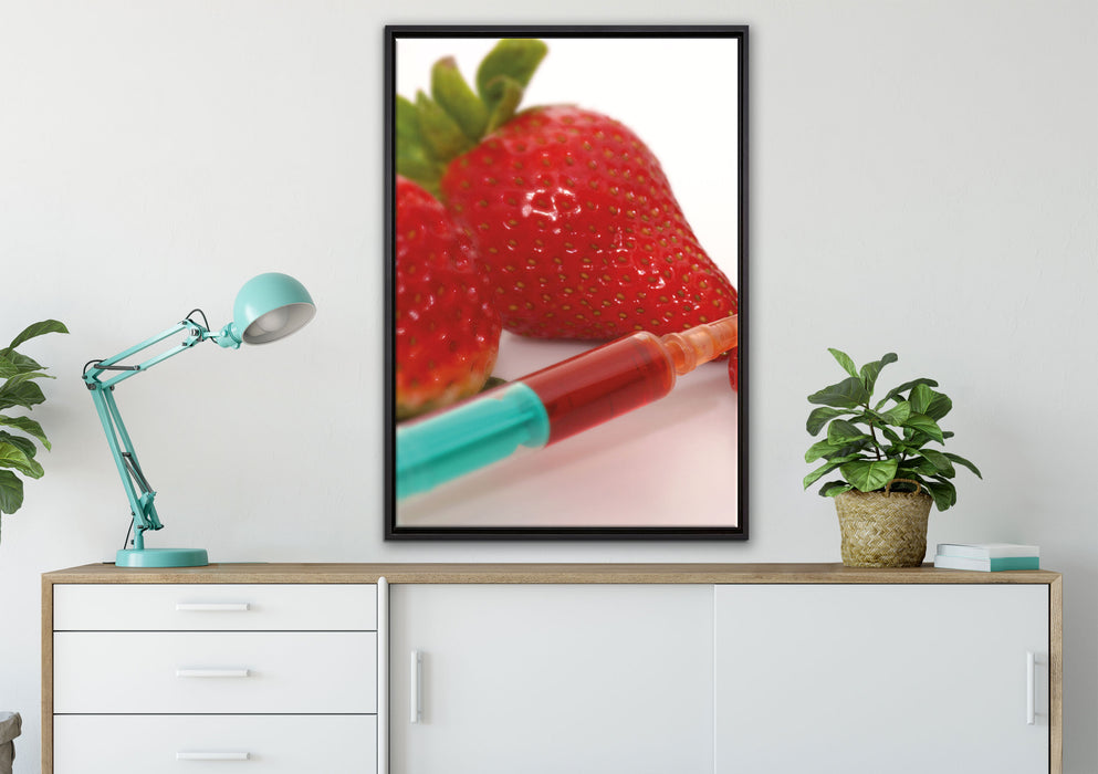Erdbeeren mit Lebensmittelfarbe auf Leinwandbild gerahmt verschiedene Größen im Wohnzimmer