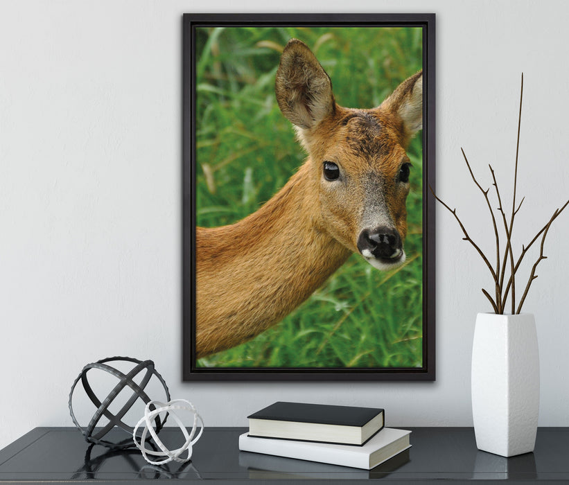 scheues Reh auf Leinwandbild gerahmt mit Kirschblüten