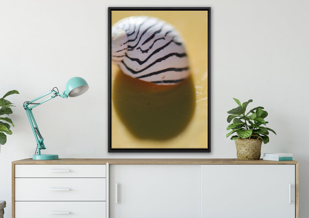 kleines gestreiftes Schneckenhaus auf Leinwandbild gerahmt verschiedene Größen im Wohnzimmer