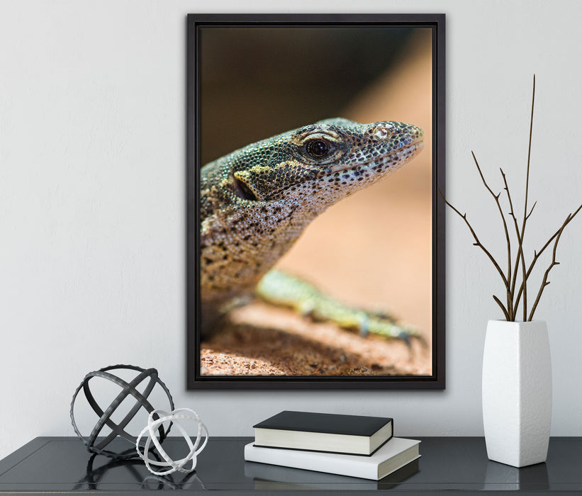 kleiner Leguan auf Leinwandbild gerahmt mit Kirschblüten