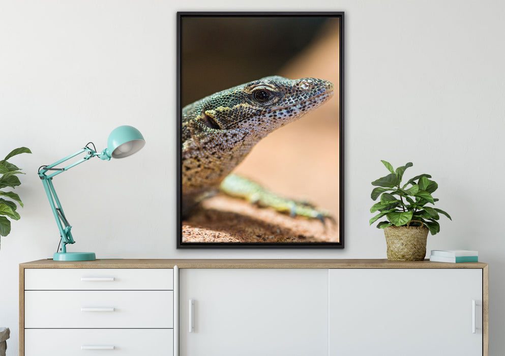 kleiner Leguan auf Leinwandbild gerahmt verschiedene Größen im Wohnzimmer