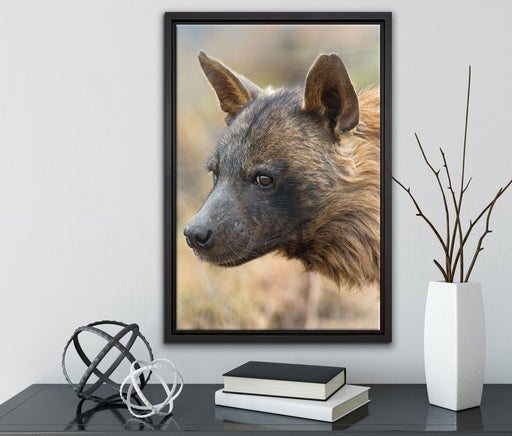 anmutige Hyäne im Wildgras auf Leinwandbild gerahmt mit Kirschblüten