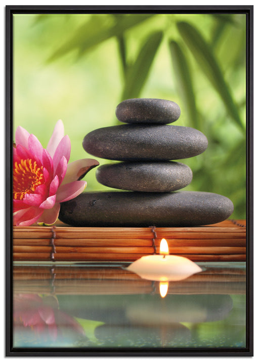 Seerose mit Zen Steinen und Kerzen auf Leinwandbild gerahmt Größe 100x70