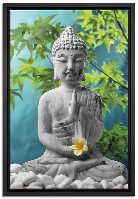 Buddha auf Steinen mit Monoi Blüte auf Leinwandbild gerahmt Größe 60x40