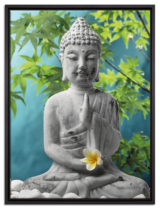 Buddha auf Steinen mit Monoi Blüte auf Leinwandbild gerahmt Größe 80x60